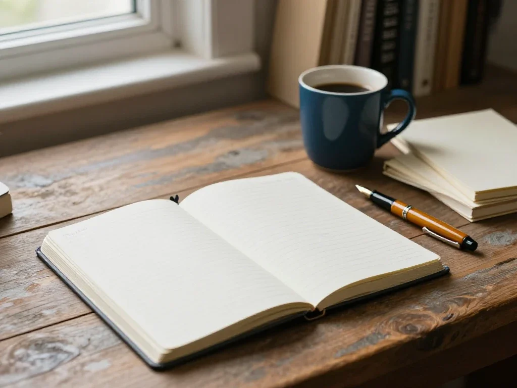 Bureau calme avec carnet ouvert et café, invitant à une lecture attentive et réfléchie.